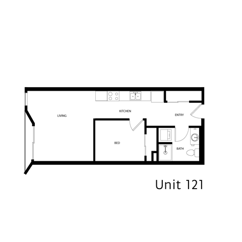 Floor plan for 1 bed, 1 bath, 570 sqft